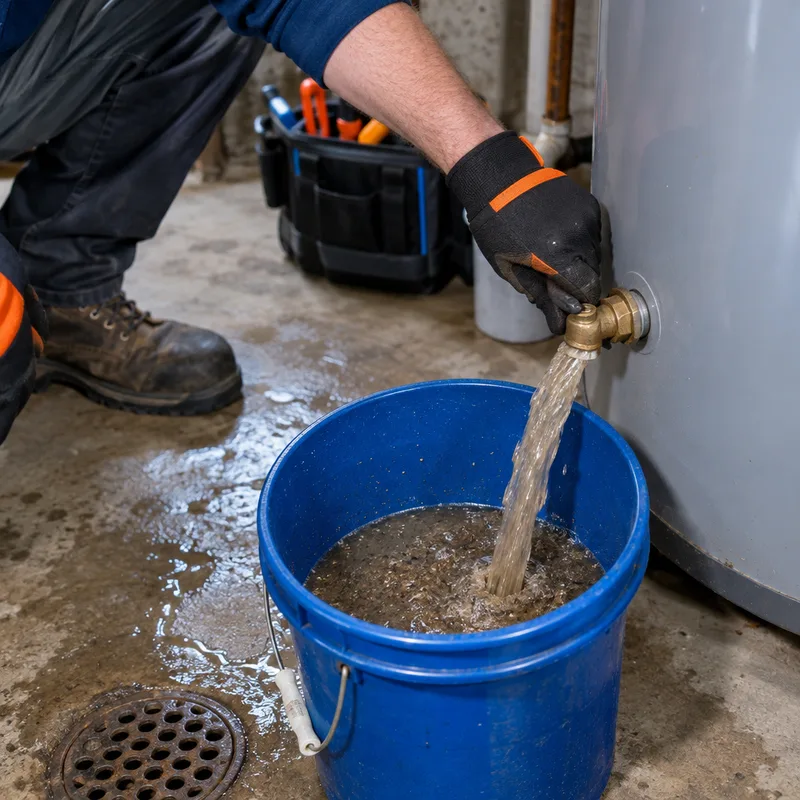 Sediment flushed from a water heater tank into a bucket by a floor drain