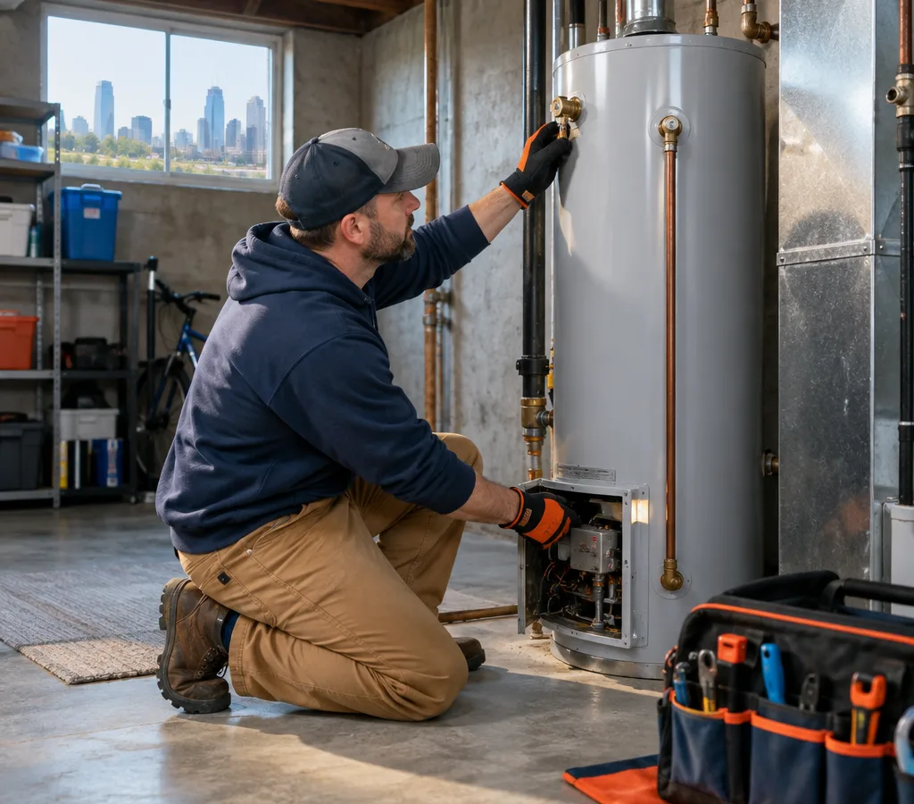 Plumber inspecting the relief valve and burner access panel on a residential gas water heater