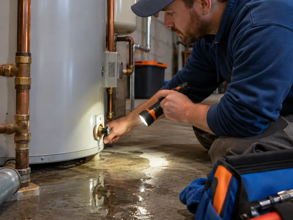 Water pooling near a heater while the drain valve and copper connections are inspected