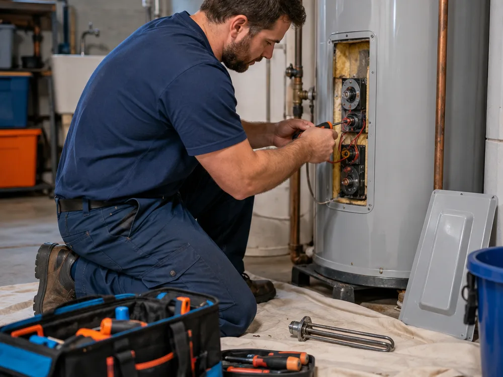 Water heater access panel opened while heating components are checked