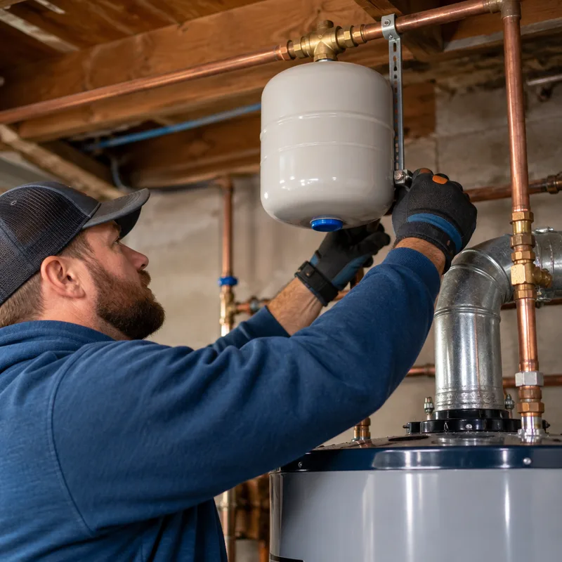 Close-up of a properly installed and supported expansion tank on a cold-water line