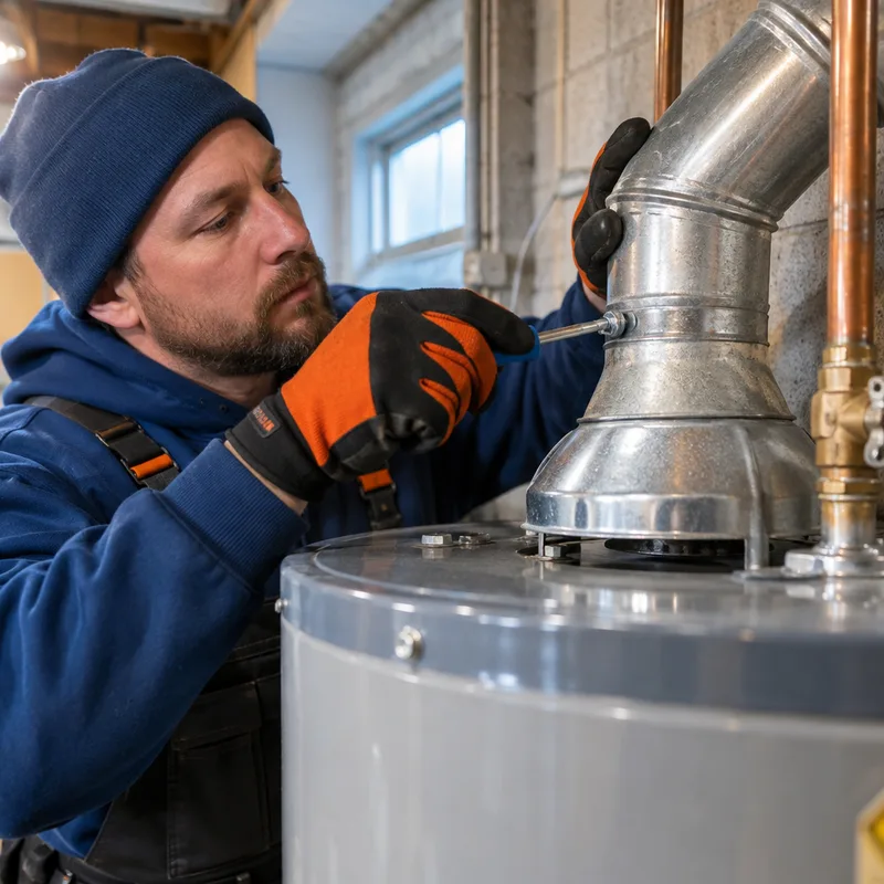 Close-up of a gas water heater vent connection with proper slope and secure fastening