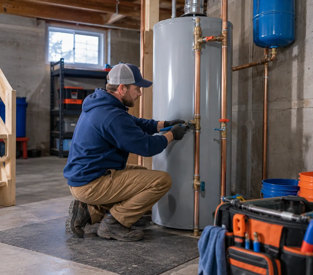 Contractor installing a residential tank water heater in a basement utility area with copper piping and shutoff valves visible