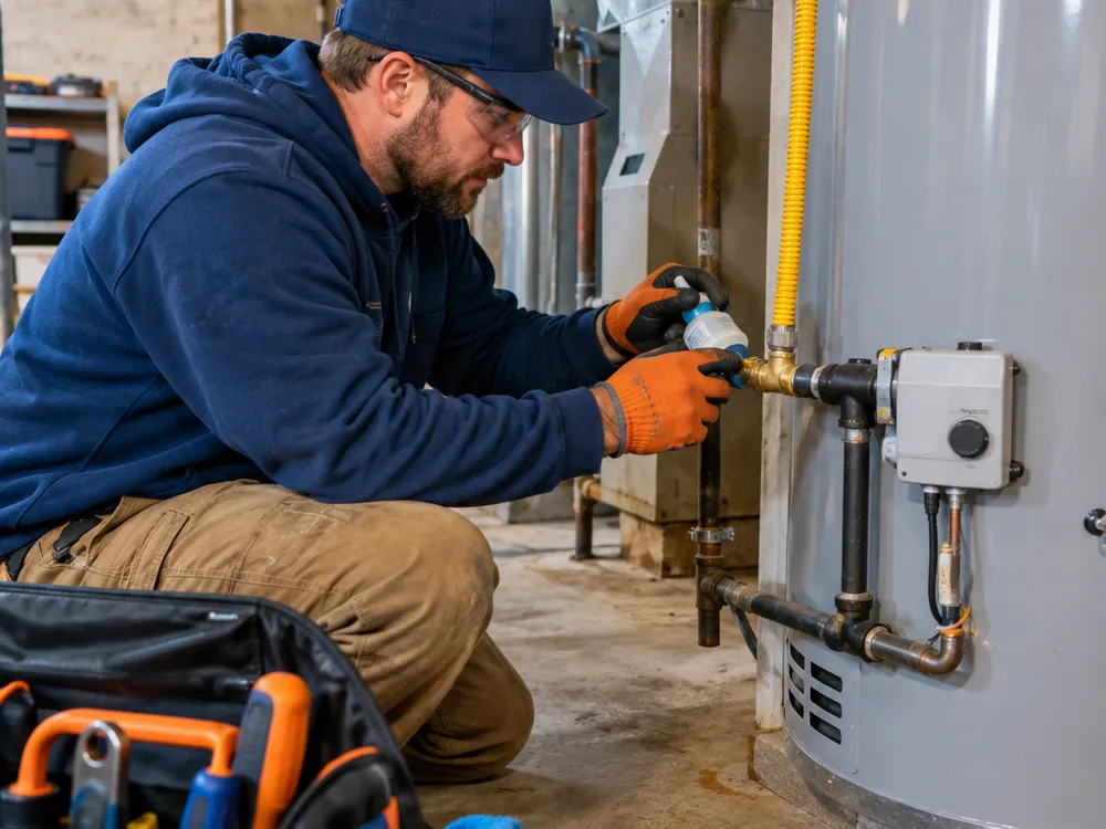 Contractor checking a gas line connection and testing for leaks after installing a new water heater
