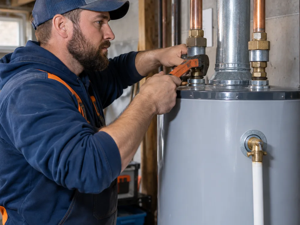 Contractor tightening water connections on a newly installed water heater with dielectric unions and a visible relief valve discharge line