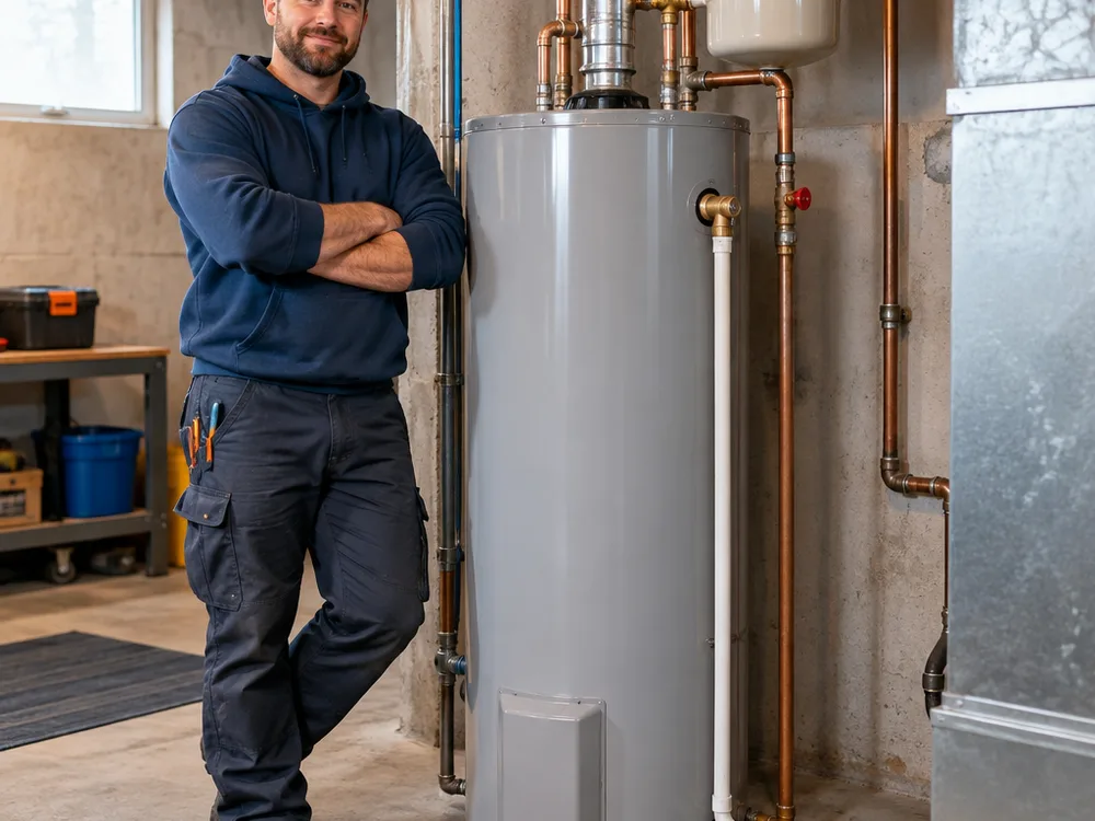 Finished tank water heater installation with neat piping, shutoff valve, expansion tank, and properly routed relief valve discharge line
