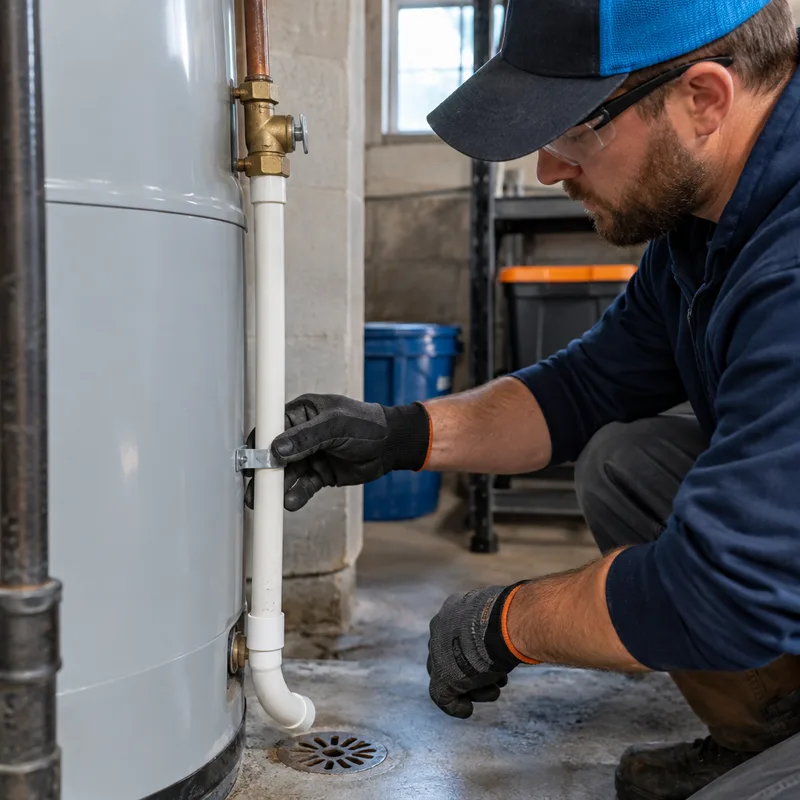 Close-up of a properly installed temperature and pressure relief valve discharge line routed downward toward an approved drain location