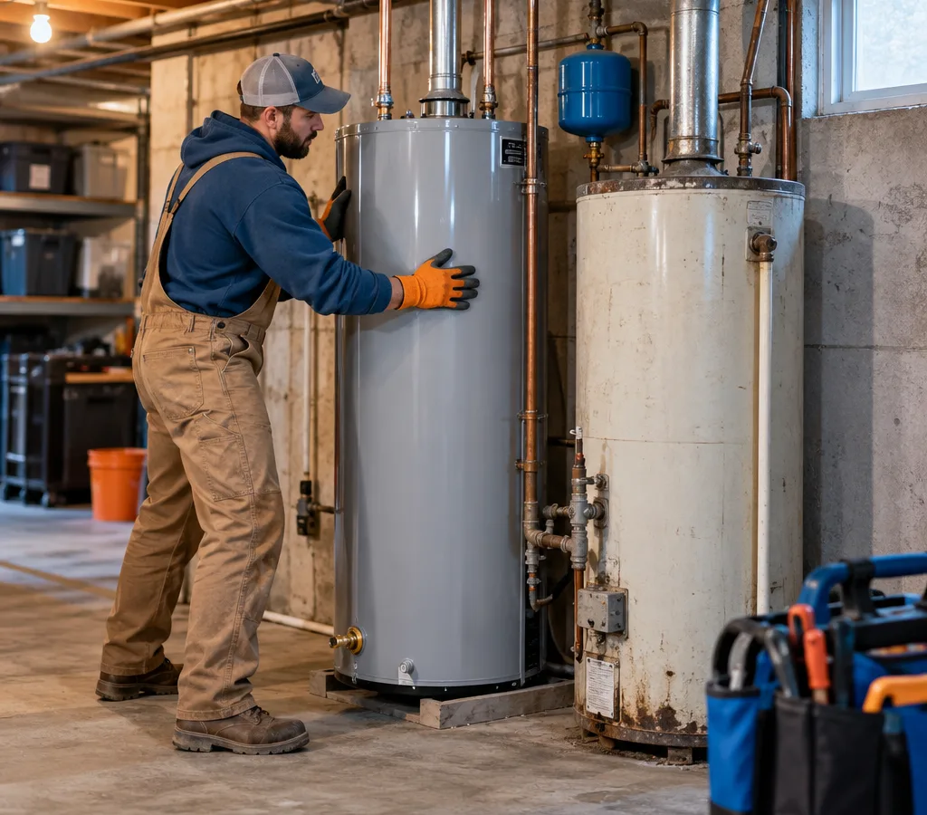 Contractor positioning a new tank water heater beside an older unit in a residential basement utility area, with water lines and venting visible