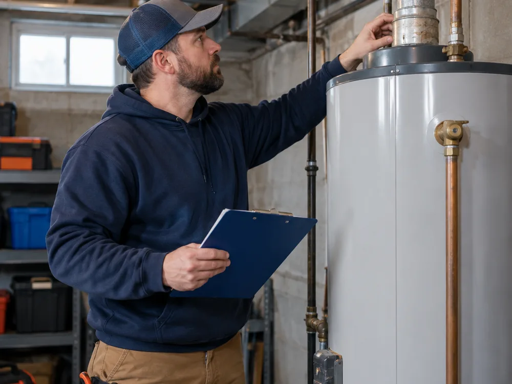 Contractor checking the rating plate and vent connection on an existing gas water heater in a basement, clipboard in hand