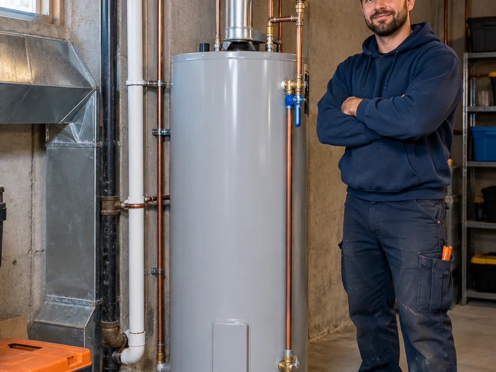 A newly installed tank water heater in a basement with neat water piping, shutoff valve, and clearly labeled connections