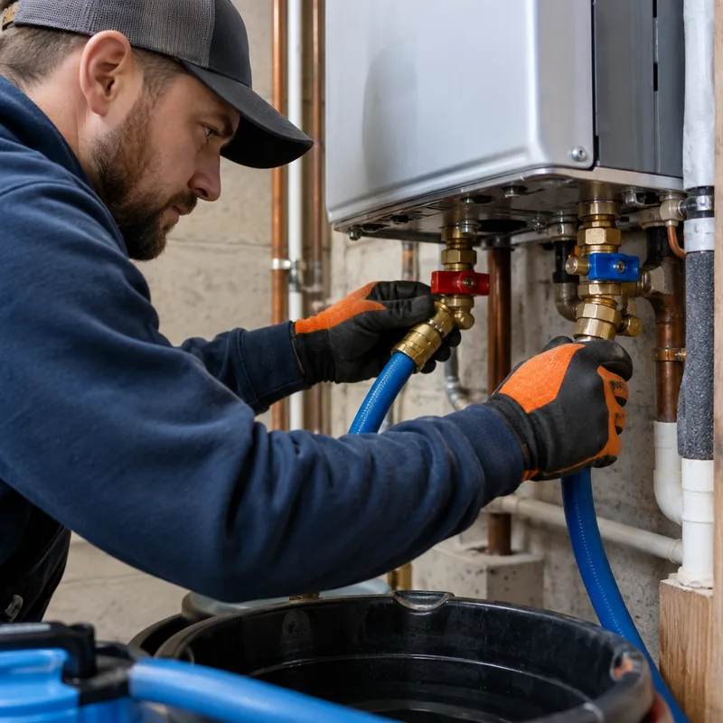 Contractor connecting service hoses to the isolation valves on a tankless water heater for a descaling flush