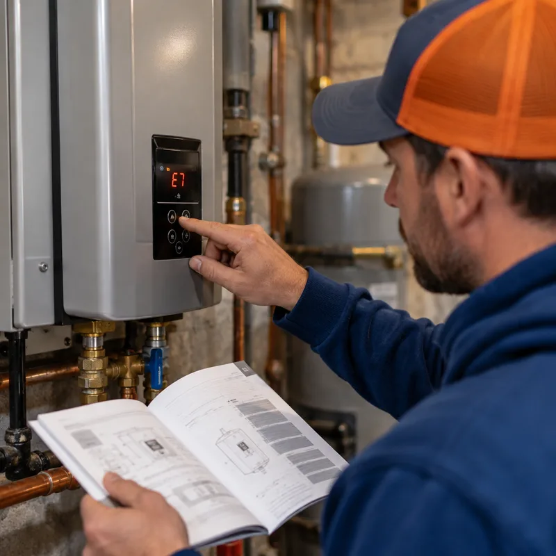 Tankless water heater control panel showing an error code with a contractor's hand referencing the service manual