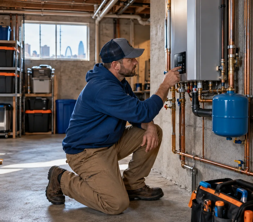 Contractor kneeling beside a wall-hung tankless water heater in a Milwaukee basement mechanical area, checking the control panel and water connections