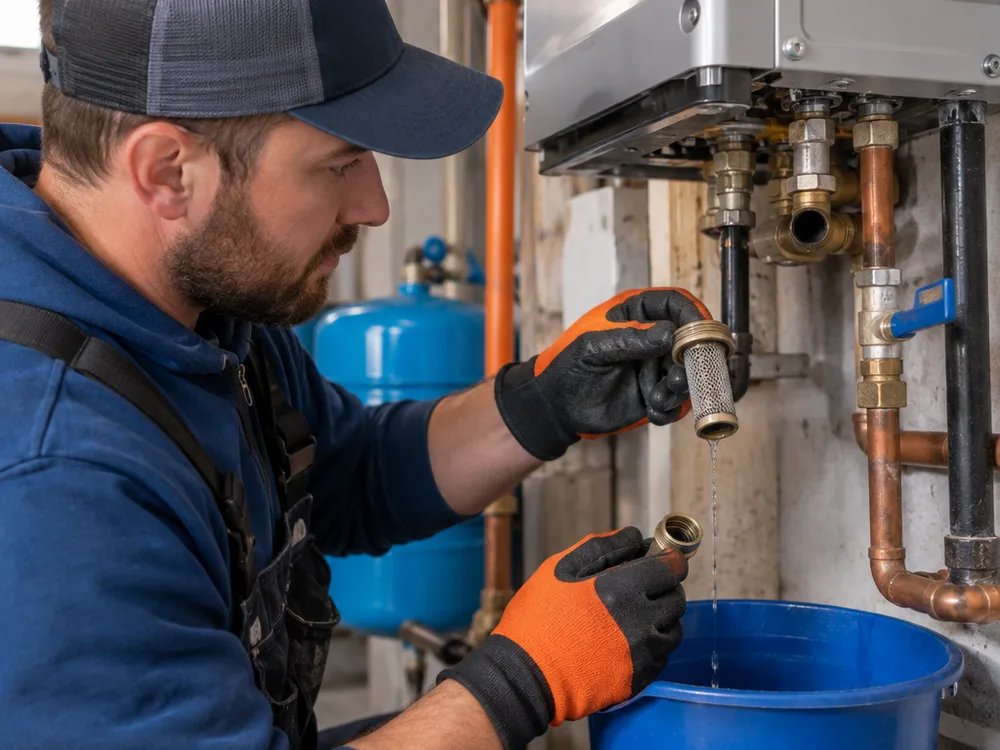 Close-up of a contractor removing and inspecting the cold-water inlet filter screen on a tankless water heater with a bucket below for drainage