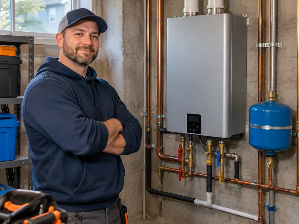 Wall-hung tankless water heater with neatly arranged isolation valves and venting after repair and cleanup in a residential mechanical corner