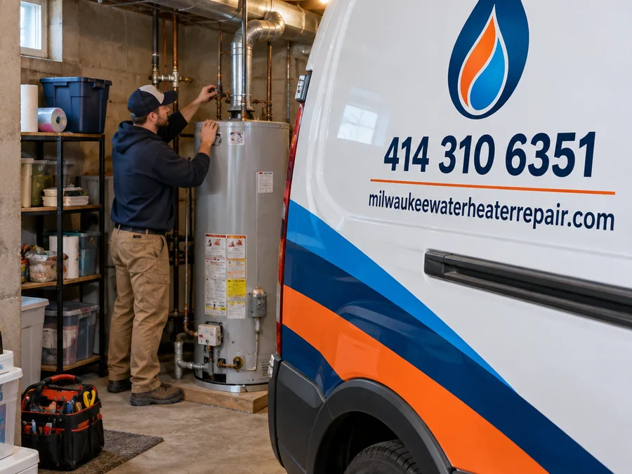 Contractor inspecting a water heater vent connector and shutoff valve in a residential basement